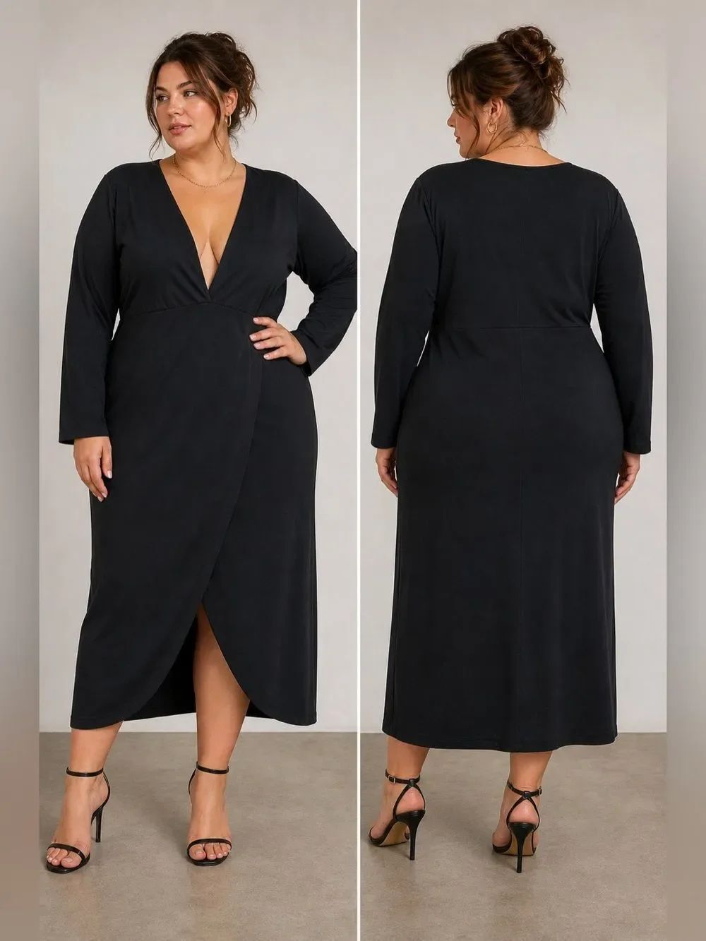 Boohoo Dress Woman’s Black Stretch Pullover Deep V Neck Straight Long Slv Sz 24